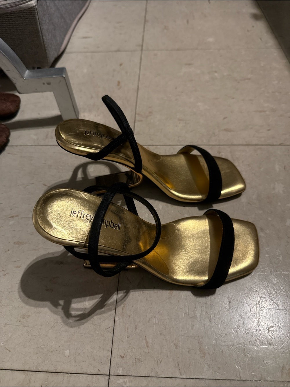 Jeffrey Campbell Black Strappy Heels with Gold Footbed
